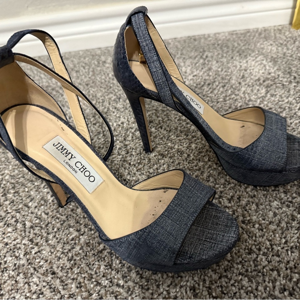 Jimmy Choo Blue Denim and Snake Skin High Heel Sandals